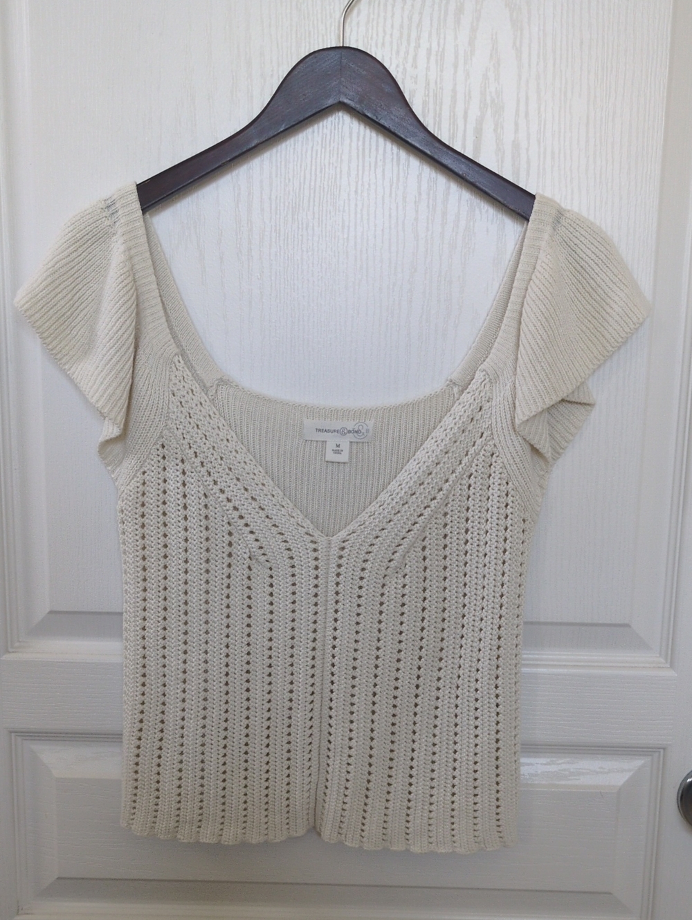 Treasure & Bond Cream Flutter Sleeve V-Neck Sweater Top